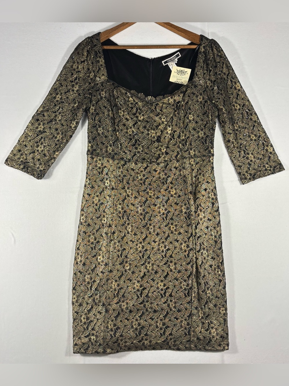 Nikibiki Womenโs L Black Midi Shift Dress with Black and Gold Brocade Overlay